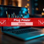 ein Laptop mit überlagerten Börsendiagrammen und Daten auf dem Bildschirm, mit einem Plug Power News-Banner drüber