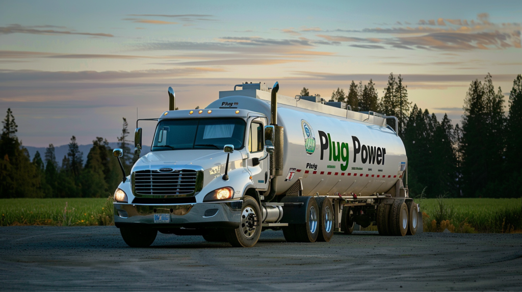 ein weißer Tankwagen mit dem Plug Power-Logo, geparkt in ländlicher Umgebung mit Bäumen im Hintergrund