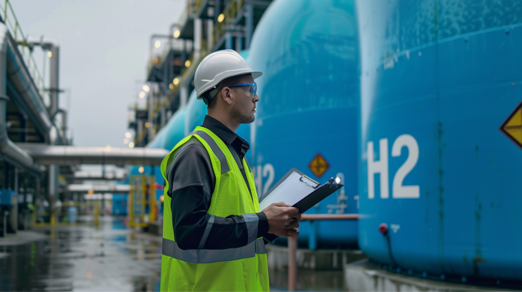 Ein Arbeiter mit Schutzhelm und Warnweste steht vor großen industriellen Wasserstoffspeichertanks 