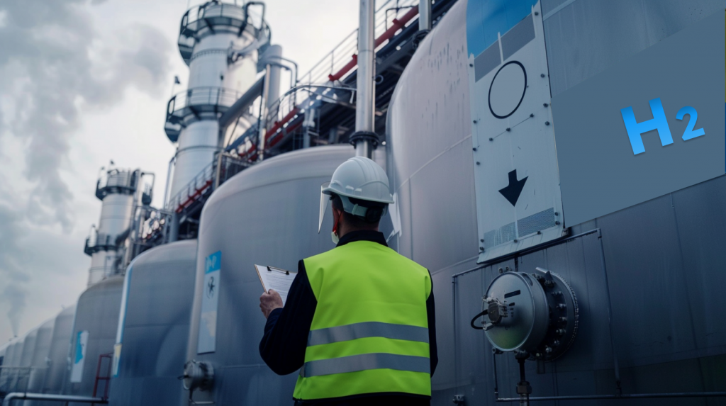 Ein Arbeiter mit Schutzhelm und Warnweste steht vor großen industriellen Wasserstoffspeichertanks