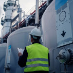 Ein Arbeiter mit Schutzhelm und Warnweste steht vor großen industriellen Wasserstoffspeichertanks