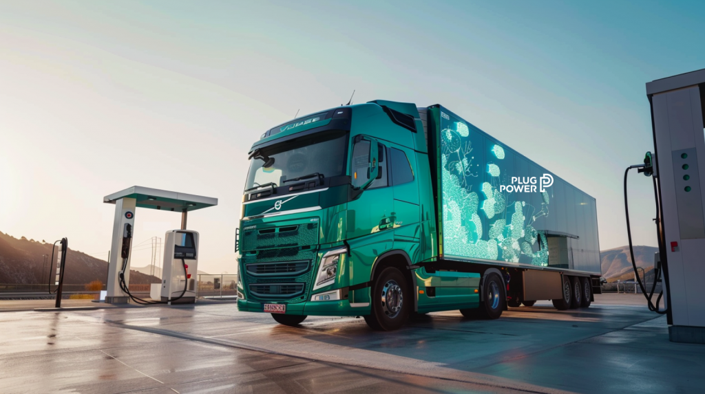 ein grüner, wasserstoffbetriebener LKW, der bei klarem Himmel an einer Wasserstofftankstelle tankt