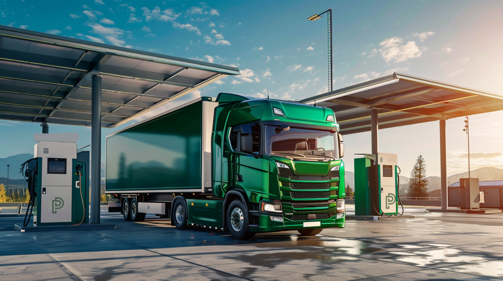 ein grüner, wasserstoffbetriebener LKW, der bei klarem Himmel an einer Wasserstofftankstelle tankt