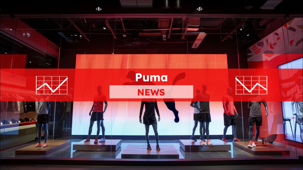 eine Sportbekleidungs-Auslage mit mehreren Schaufensterpuppen, die vor einem großen Puma-Logo aufgestellt sind, mit einem Puma NEWS Banner