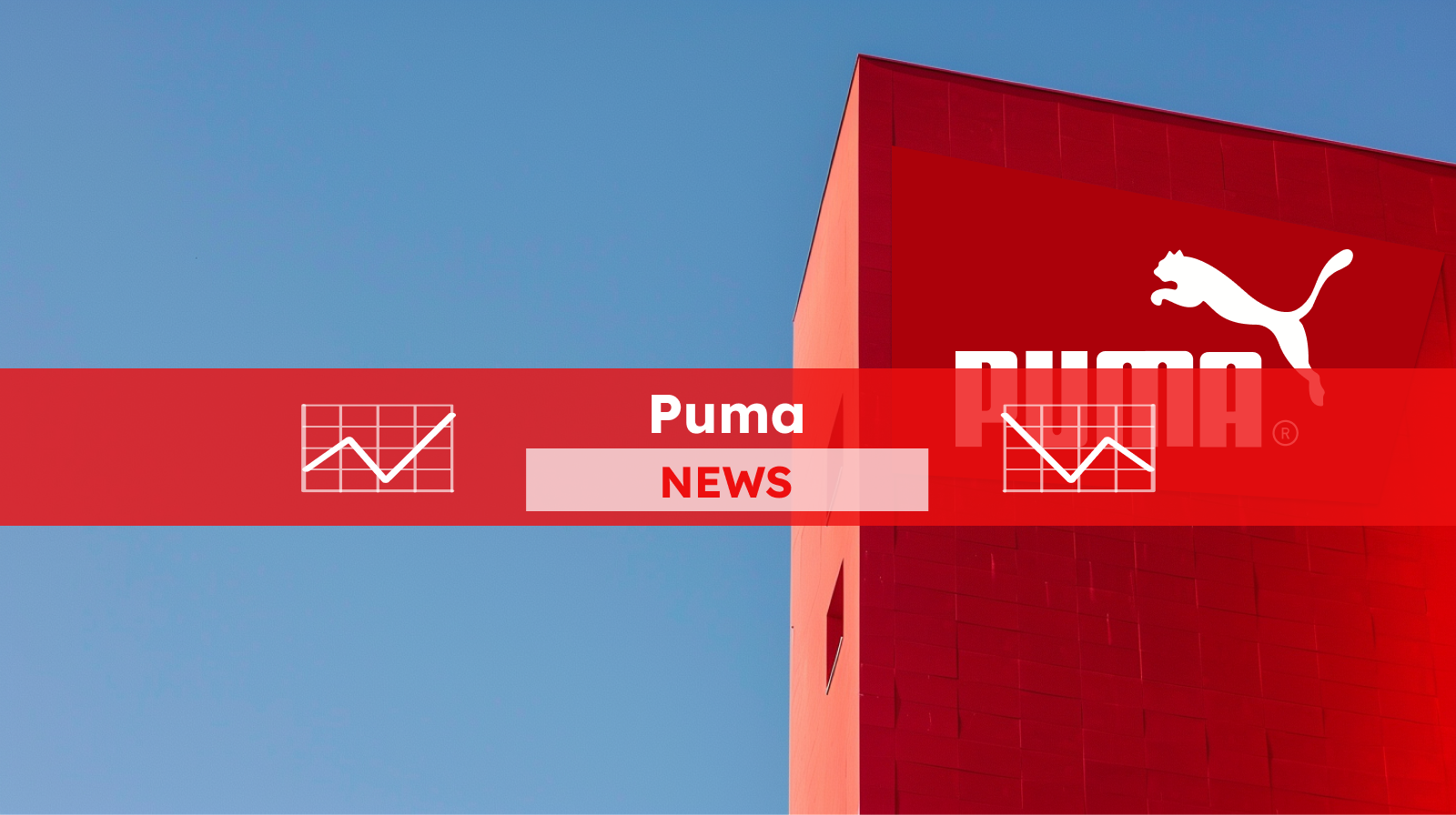 ein großer roter Monolith mit dem Puma-Logo und dem Markennamen in Weiß vor einem klaren blauen Himmel, mit einem roten NEWS Banner
