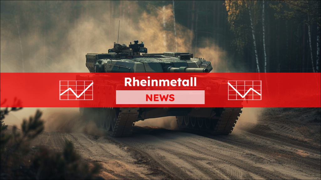 ein getarnter Panzer auf einem staubigen Weg, mit einem Rheinmetall NEWS Banner