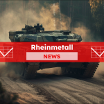 ein getarnter Panzer auf einem staubigen Weg, mit einem Rheinmetall NEWS Banner