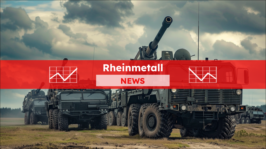 ein militärisches Artilleriefahrzeug, ausgerüstet mit einer großen Kanone, das auf einem offenen Feld neben ähnlichen Fahrzeugen geparkt war, mit einem Rheinmetall NEWS Banner