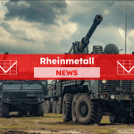 ein militärisches Artilleriefahrzeug, ausgerüstet mit einer großen Kanone, das auf einem offenen Feld neben ähnlichen Fahrzeugen geparkt war, mit einem Rheinmetall NEWS Banner