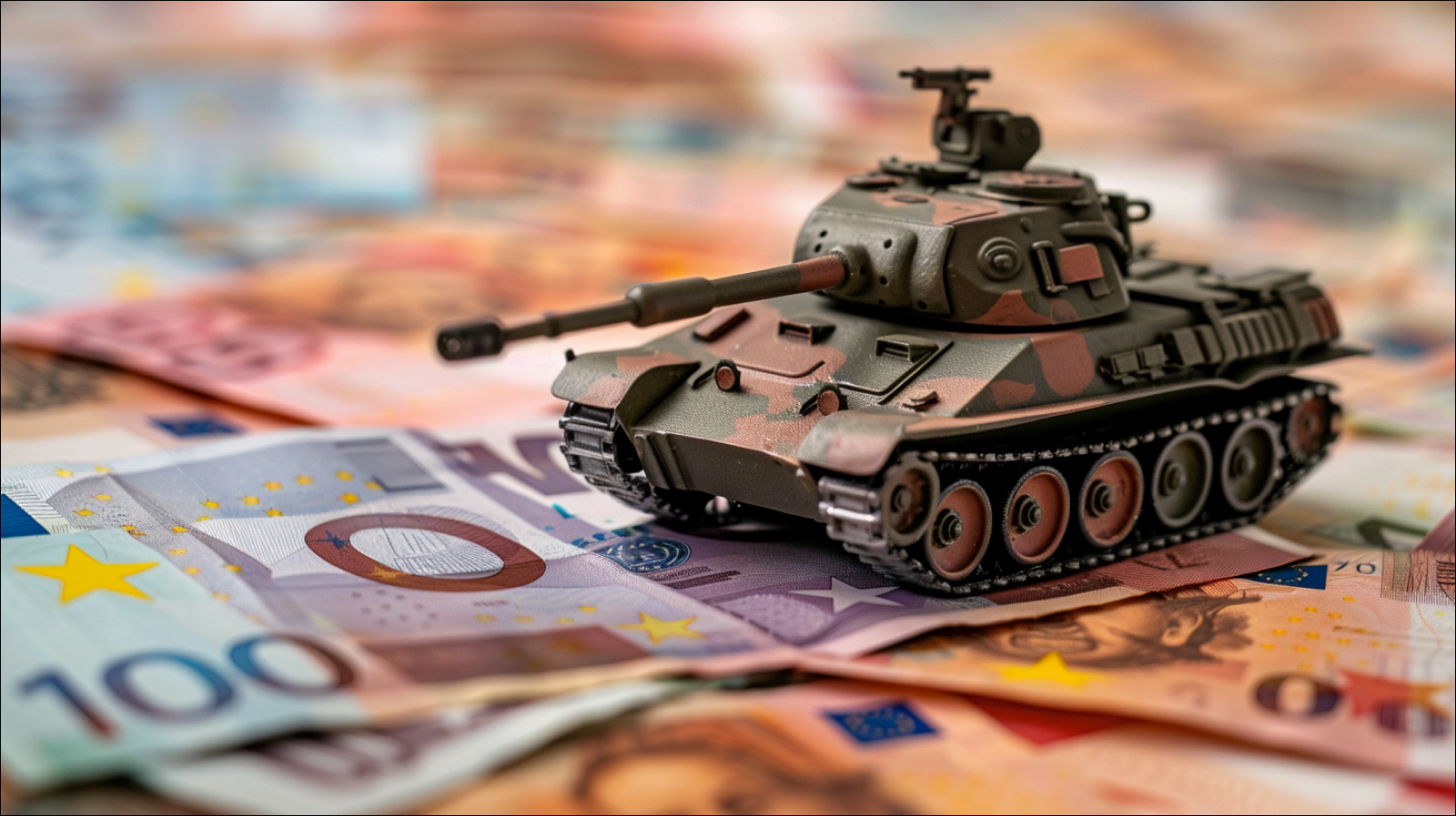 Auf einem Tisch steht ein Spielzeugpanzer auf einem Stapel Euro