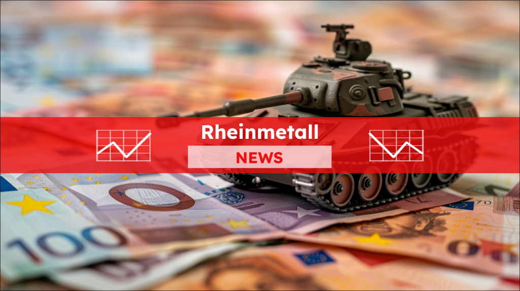 Auf einem Tisch steht ein Spielzeugpanzer auf einem Stapel Euro, mit einem Rheinmetall NEWS Banner