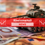 Auf einem Tisch steht ein Spielzeugpanzer auf einem Stapel Euro, mit einem Rheinmetall NEWS Banner