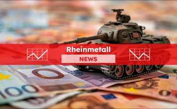 Auf einem Tisch steht ein Spielzeugpanzer auf einem Stapel Euro, mit einem Rheinmetall NEWS Banner