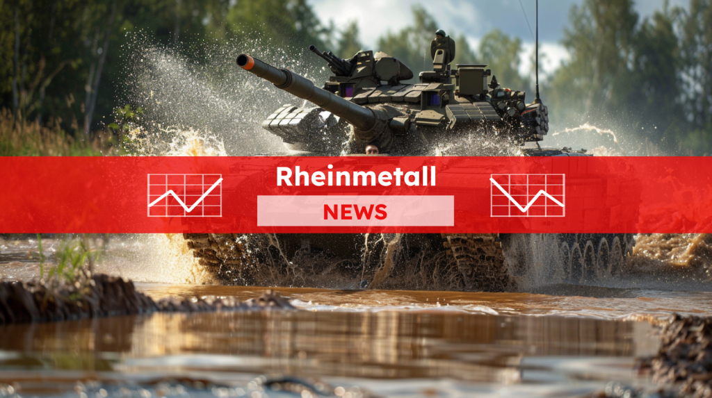 ein Militärpanzer, der ein großes Platschen erzeugt, während er durch das Wasser fährt, mit einem roten NEWS Banner