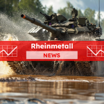 ein Militärpanzer, der ein großes Platschen erzeugt, während er durch das Wasser fährt, mit einem roten NEWS Banner