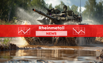 ein Militärpanzer, der ein großes Platschen erzeugt, während er durch das Wasser fährt, mit einem roten NEWS Banner