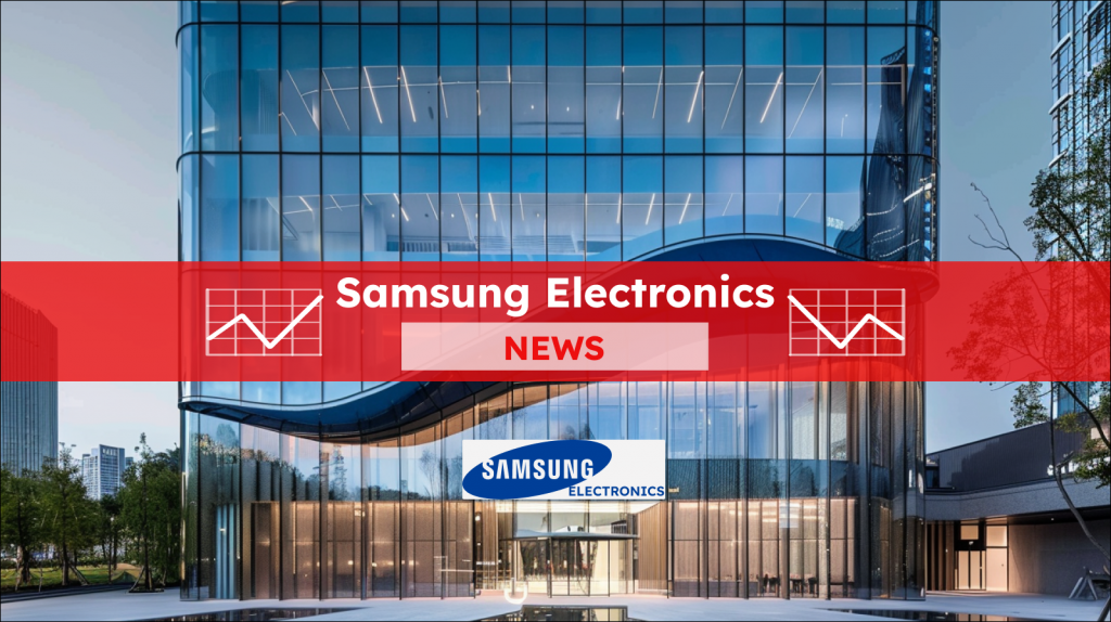 Ein modernes Gebäude ist von Bäumen umgeben, mit einem Samsung Electronics NEWS Banner