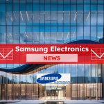 Ein modernes Gebäude ist von Bäumen umgeben, mit einem Samsung Electronics NEWS Banner