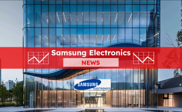 Ein modernes Gebäude ist von Bäumen umgeben, mit einem Samsung Electronics NEWS Banner