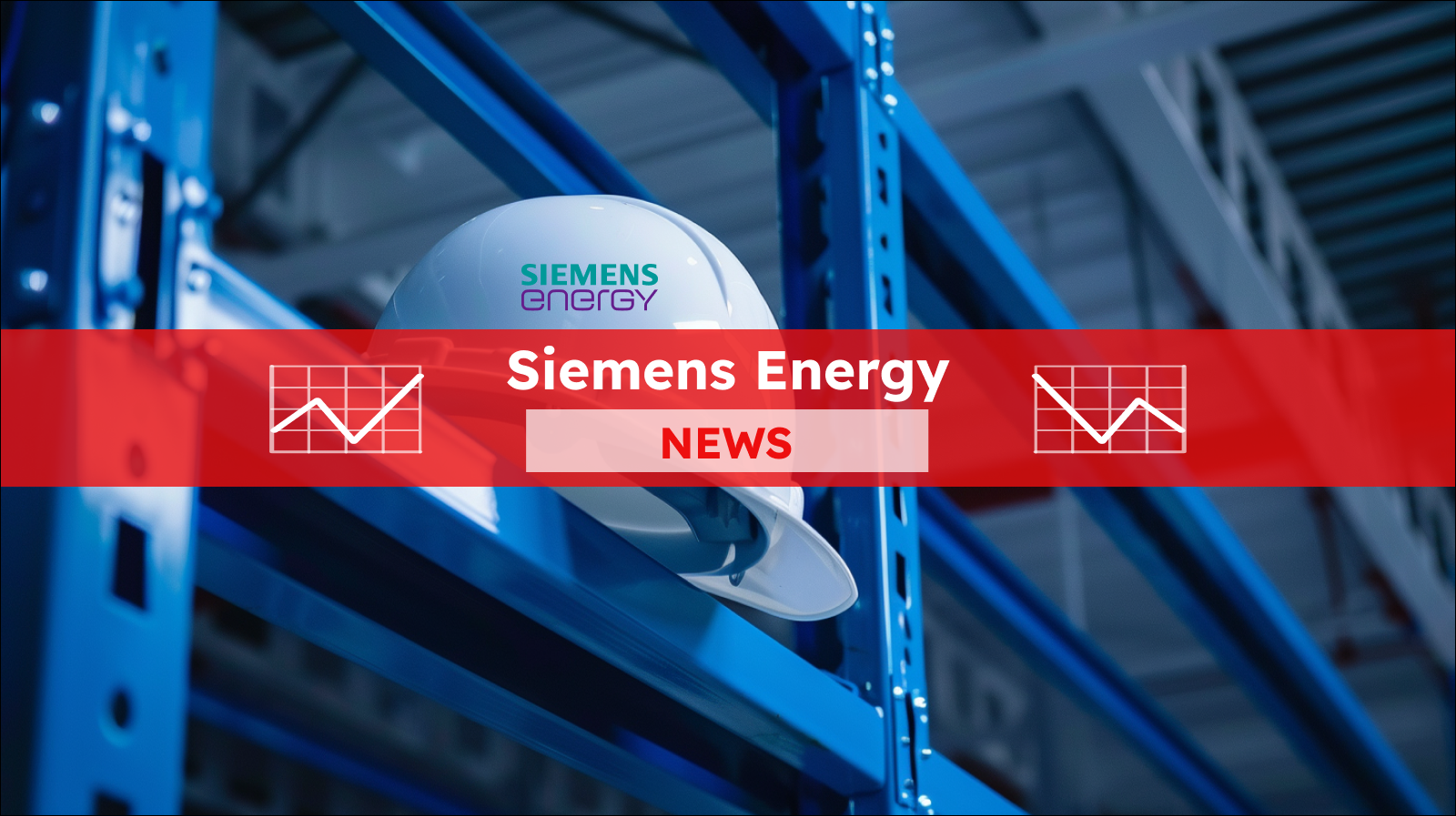 Ein weißer Schutzhelm, der an einem blauen Metallgestell hängt, mit einem roten Banner Siemens Energy NEWS