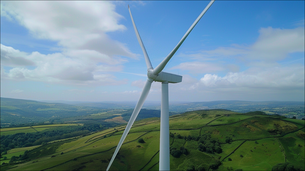 Eine große Windkraftanlage, die vor einem blauen Himmel über einer grünen Landschaft steht, Nahaufnahme