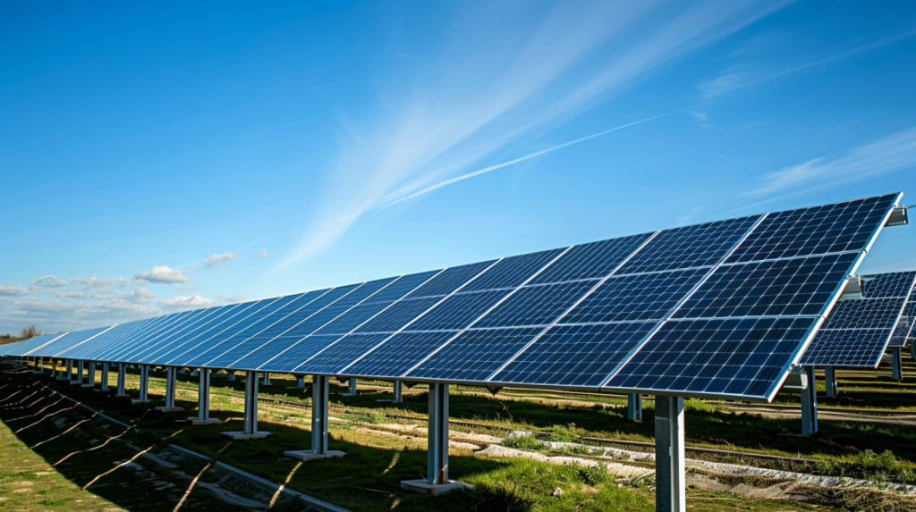 ein weitläufiger Solarpark mit Reihen von Photovoltaikmodulen