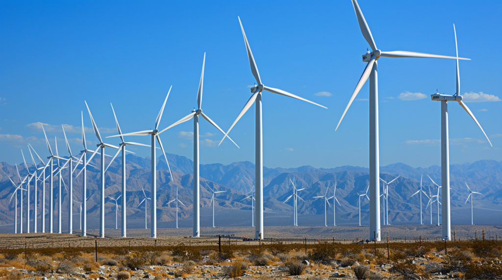 ein Windpark mit zahlreichen großen Windturbinen, verteilt über eine Wüstenlandschaft