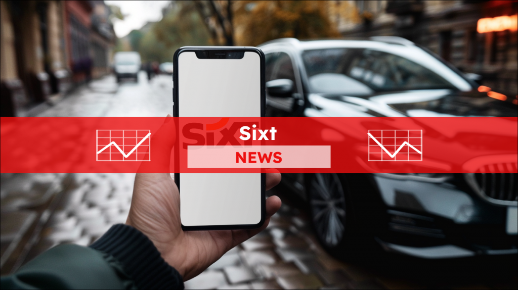 Smartphone mit weißem Bildschirm in der Hand, ein schwarzes Auto im Hintergrund, darüber ein Sixt NEWS Banner