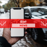 Smartphone mit weißem Bildschirm in der Hand, ein schwarzes Auto im Hintergrund, darüber ein Sixt NEWS Banner