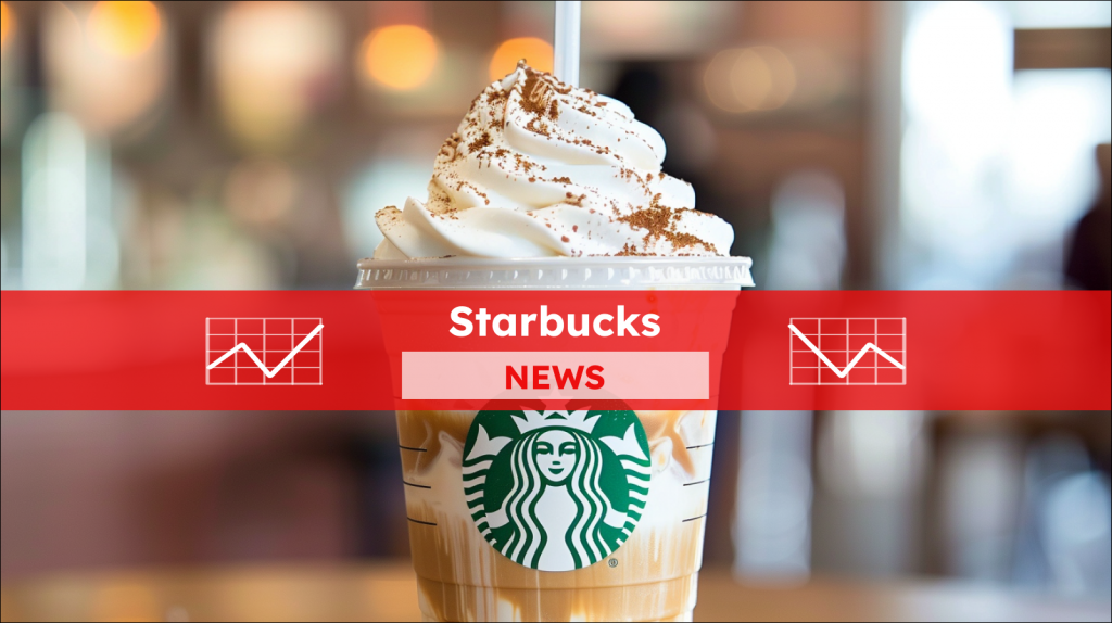 ein Starbucks-Getränk in einem Plastikbecher, darüber ein Starbucks NEWS Banner