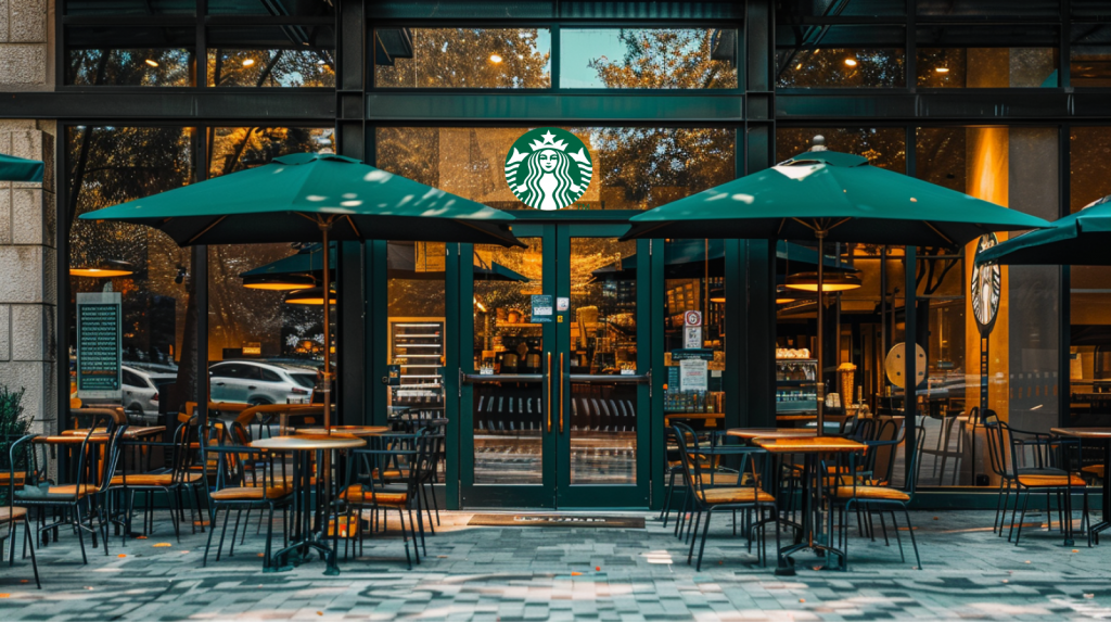 Der Eingang eines Starbucks-Cafés mit Glastüren und Sitzgelegenheiten im Freien unter Sonnenschirmen