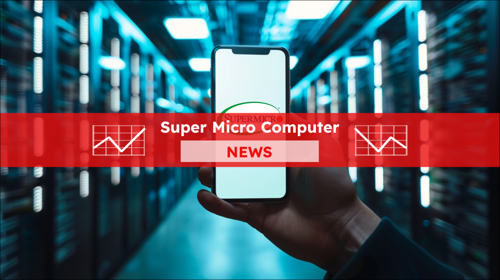 eine Person hält im Vordergrund ein Smartphone mit einem Logo, Servertechnologie im Hintergrund,  mit einem Super Micro Computer NEWS- Banner darüber