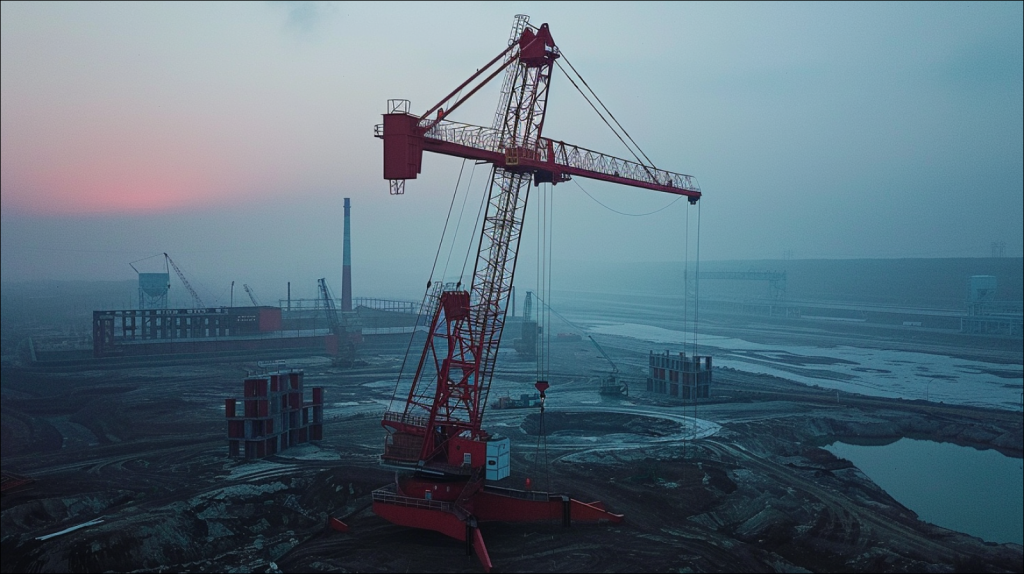 Große Industriebaustelle mit einem riesigen roten Kran, inmitten einer weiten Landschaft in der Dämmerung