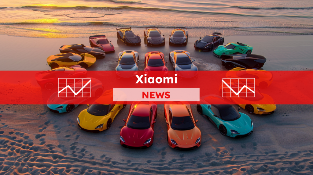 Eine Sammlung farbenfroher Elektrosportwagen, die in der Abenddämmerung kreisförmig an einem Strand angeordnet, mit einem roten Xiaomi NEWS-Banner