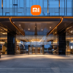 der Eingang eines modernen Gebäudes mit dem Xiaomi Logo über der Glasfront, umgeben von geparkten Autos.