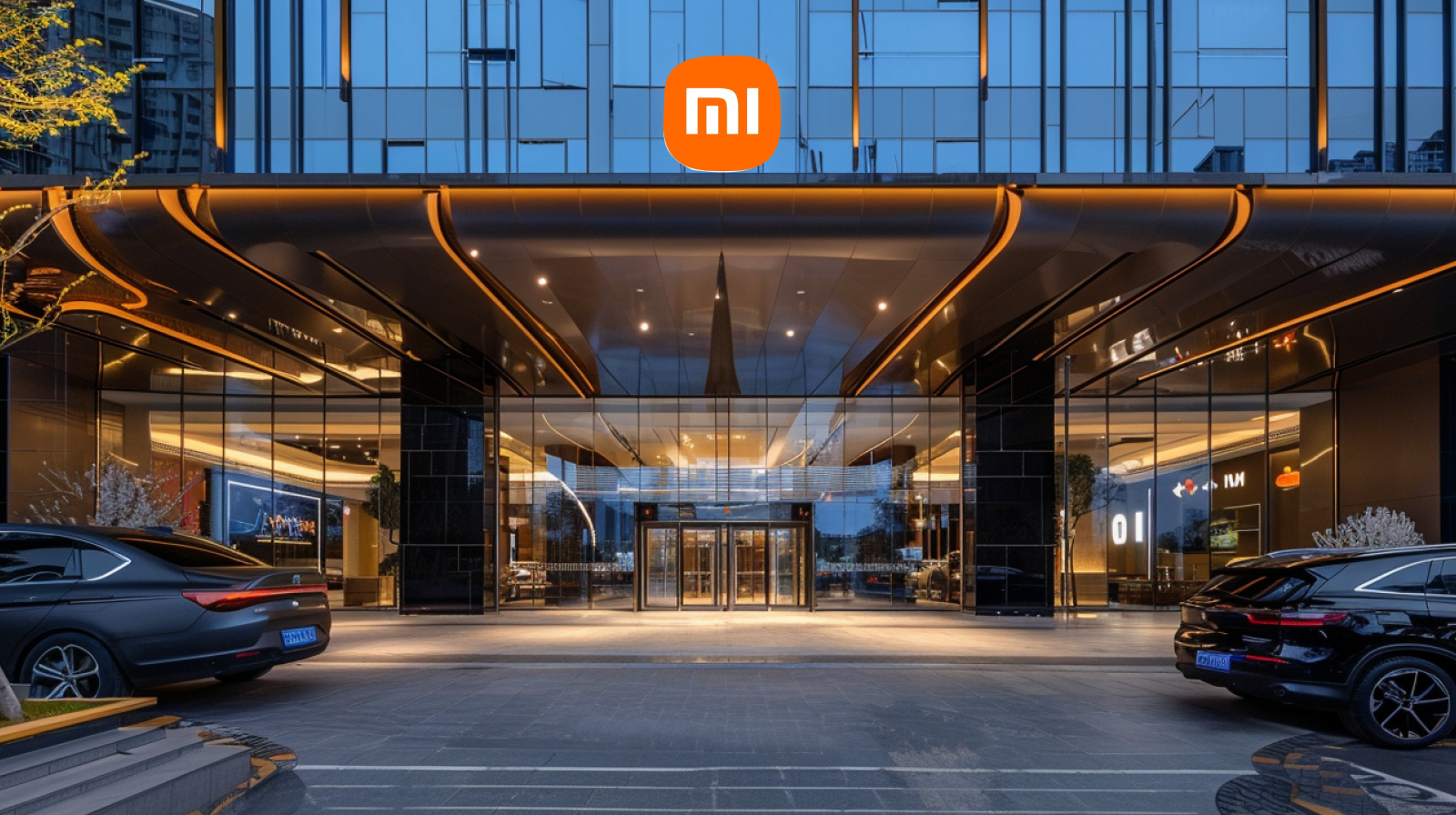 der Eingang eines modernen Gebäudes mit dem Xiaomi Logo über der Glasfront, umgeben von geparkten Autos.