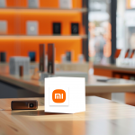 ein Werbedisplay mit einem Würfel mit dem Xiaomi-Logo in einem Ladenumfeld, mit elektronischen Geräten im Hintergrund