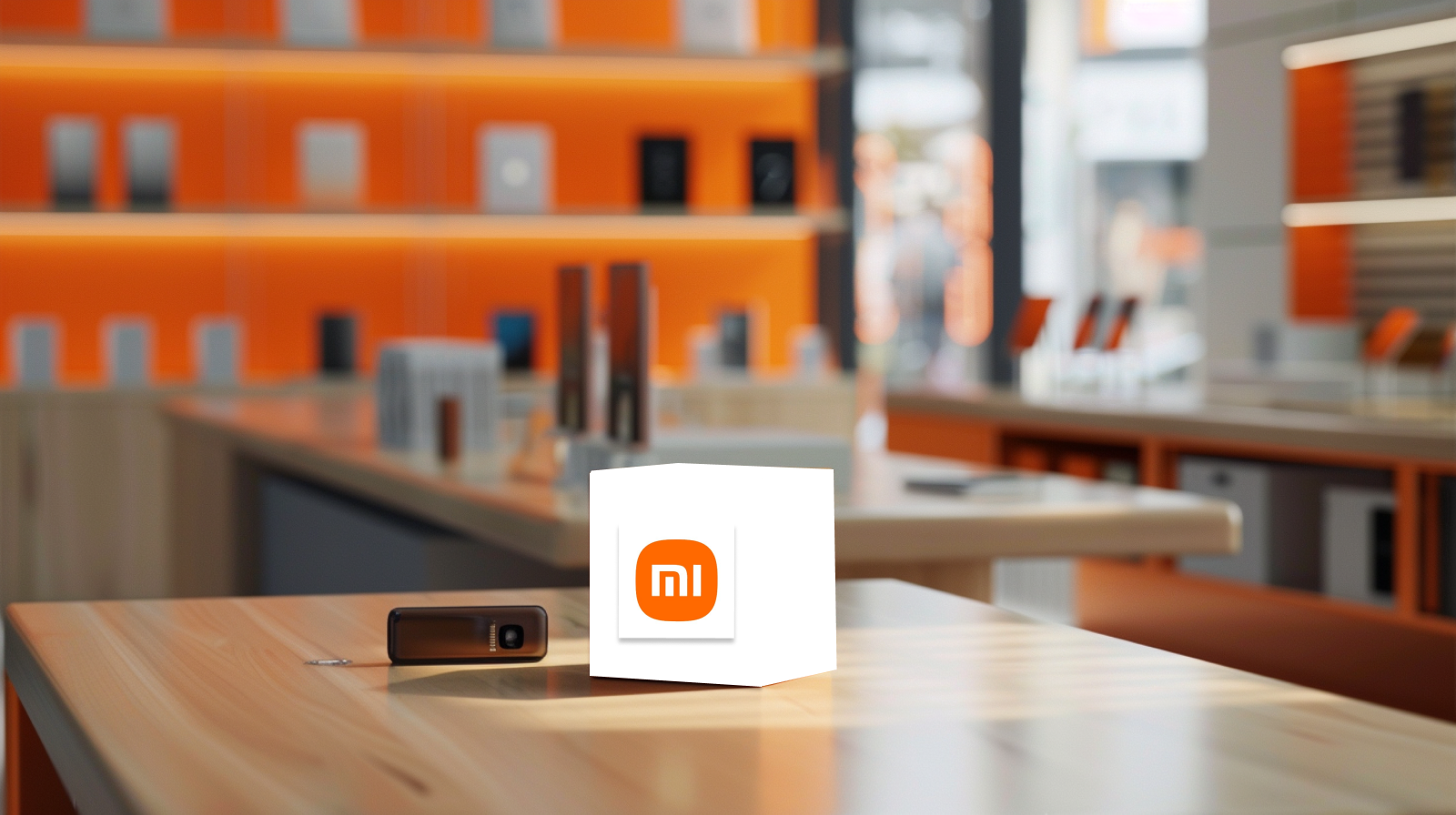 ein Werbedisplay mit einem Würfel mit dem Xiaomi-Logo in einem Ladenumfeld, mit elektronischen Geräten im Hintergrund