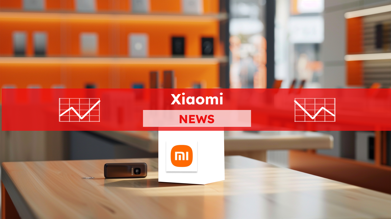 ein Werbedisplay mit einem Würfel mit dem Xiaomi-Logo in einem Ladenumfeld, mit elektronischen Geräten im Hintergrund, mit einem Xiaomi NEWS-Banner