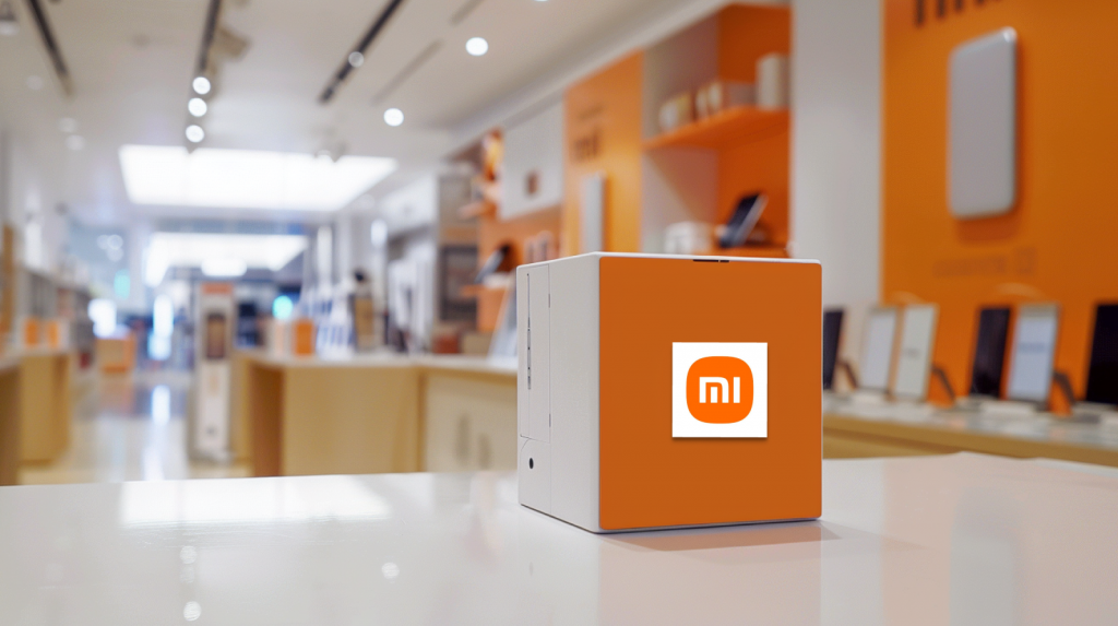 Ein Würfel mit dem Xiaomi-Logo in einem Ladenumfeld, mit elektronischen Geräten im Hintergrund