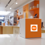 Ein Würfel mit dem Xiaomi-Logo in einem Ladenumfeld, mit elektronischen Geräten im Hintergrund