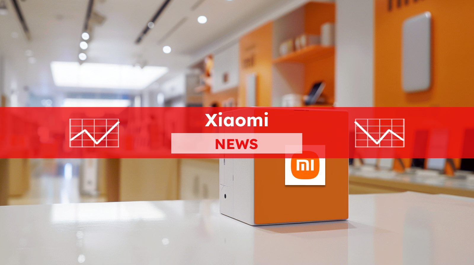 Ein Würfel mit dem Xiaomi-Logo in einem Ladenumfeld, mit elektronischen Geräten im Hintergrund, mit einem Xiaomi NEWS-Banner