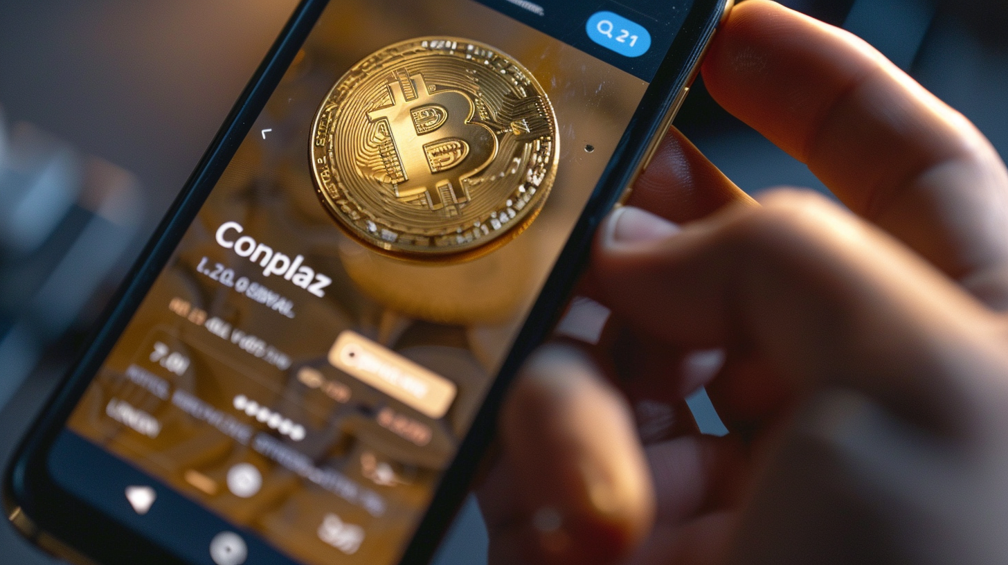 Eine Hand hält einen goldenen Bitcoin, mit der Coinbase-App auf einem Handy