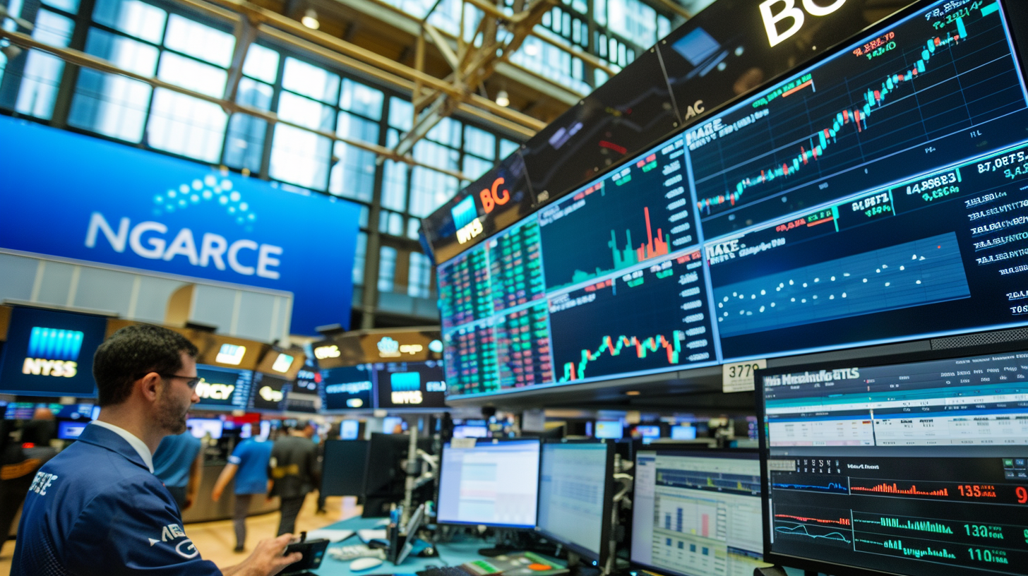 Ein geschäftiger Handelsboden mit großen Anzeigebildschirmen, die Coinbase-Aktienkurse zeigen