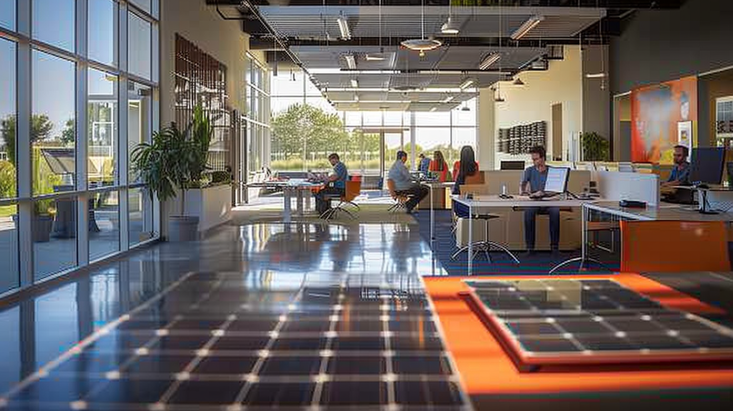 Ein geschäftiges Encavis-Büro mit Mitarbeiter, die an Brainstorming-Sitzungen teilnehmen, und Modellen von Solarmodulen ausgestellt