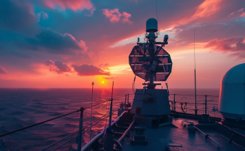 Ein modernes Hensoldt-Radarsystem auf einem Marineschiff, mit Meer und Sonnenuntergang im Hintergrund