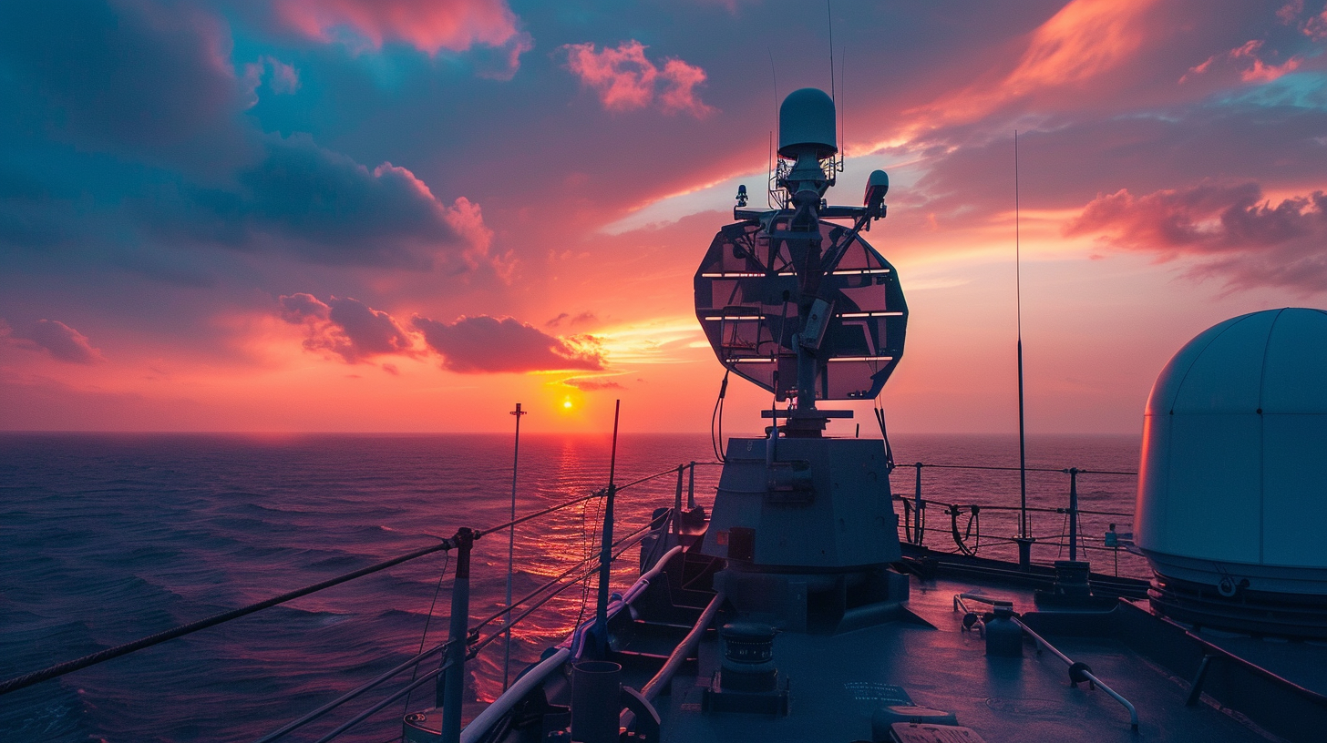 Ein modernes Hensoldt-Radarsystem auf einem Marineschiff, mit Meer und Sonnenuntergang im Hintergrund