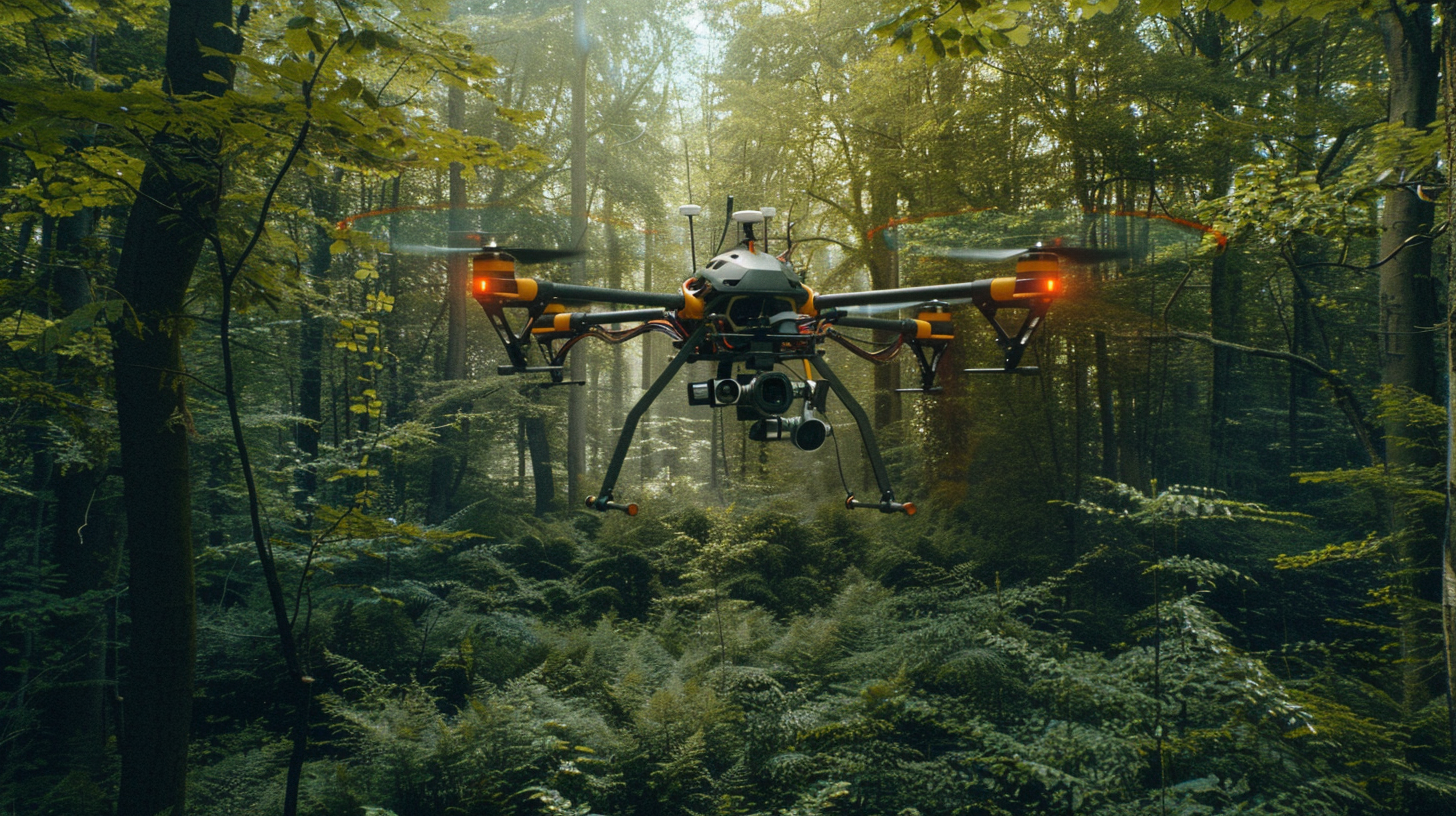 Eine detaillierte Hensoldt-Drohne fliegt durch einen dichten Wald und nimmt hochauflösende Bilder auf