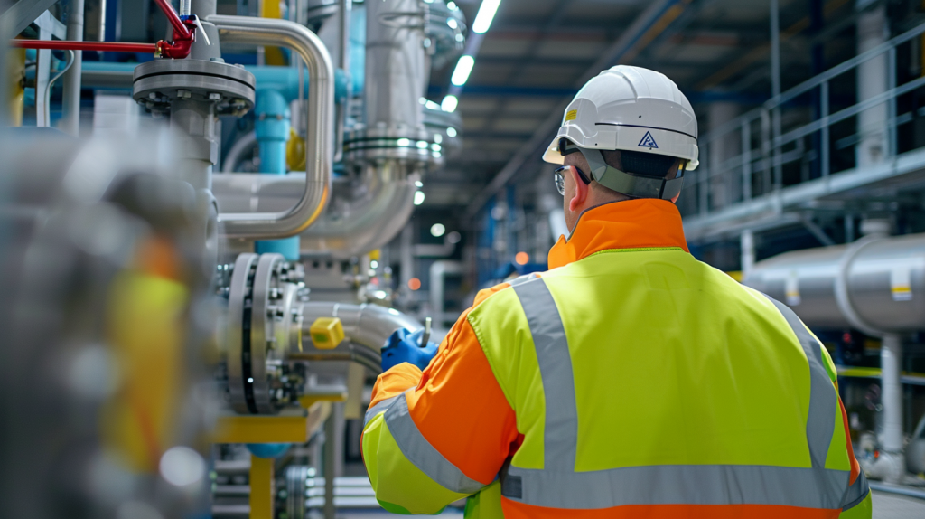 Ein Ingenieur in Warnweste arbeitet an einer Wasserstoffproduktionsanlage von ITM Power, mit gut sichtbaren Rohren und Ventilen