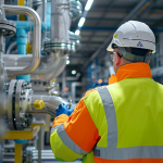 Ein Ingenieur in Warnweste arbeitet an einer Wasserstoffproduktionsanlage von ITM Power, mit gut sichtbaren Rohren und Ventilen